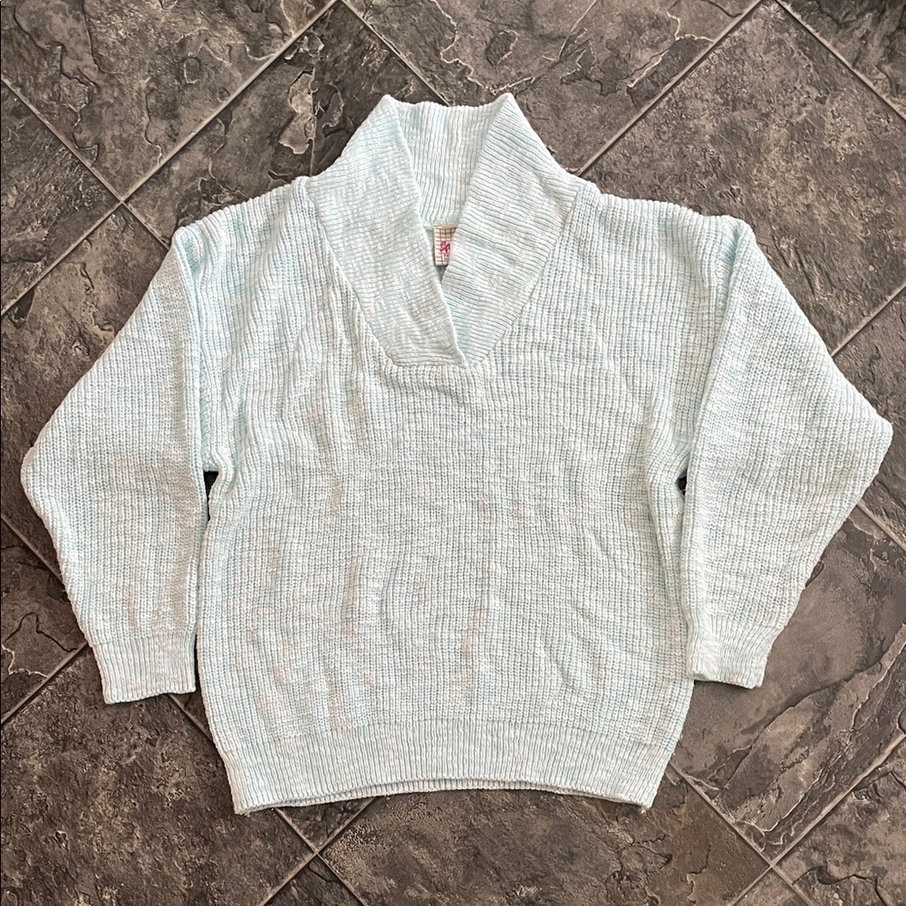 SPORTELLE Vintage Light Turquoise & White Cozy Shawl Collar Knit Cottage Sweater
